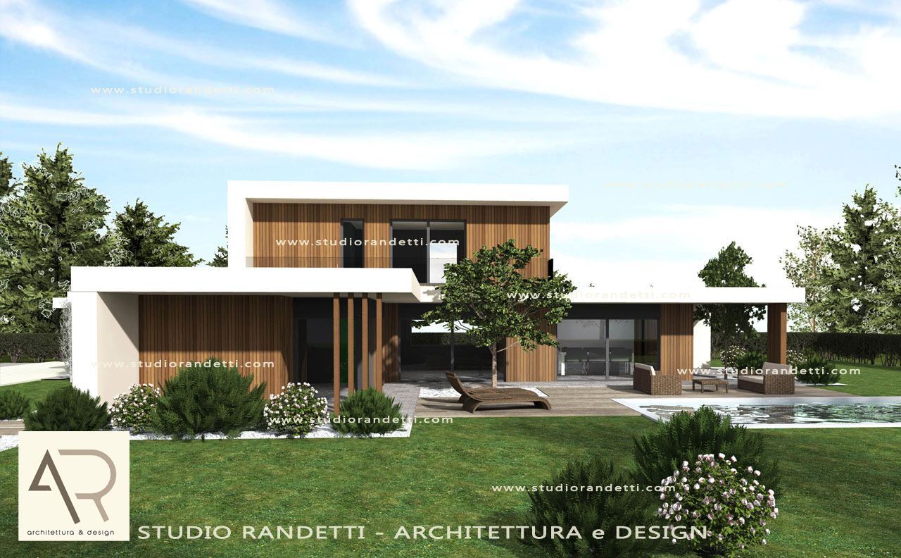 Rendering di una moderna casa a due piani con esterni bianchi e in legno, giardino paesaggistico e alberi sotto un cielo azzurro.