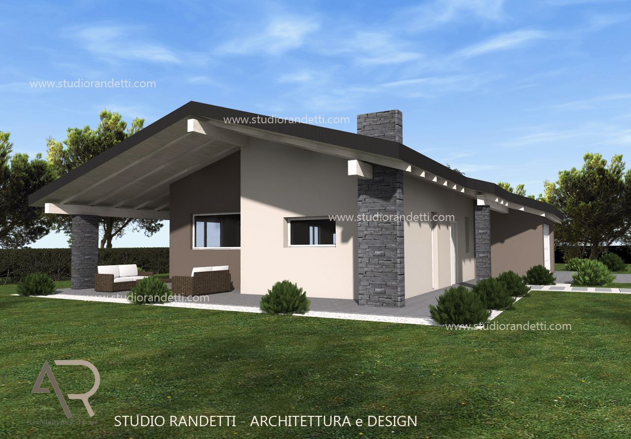 Casa moderna a un solo piano con tetto spiovente, dettagli in pietra e prato verde sotto un cielo azzurro.