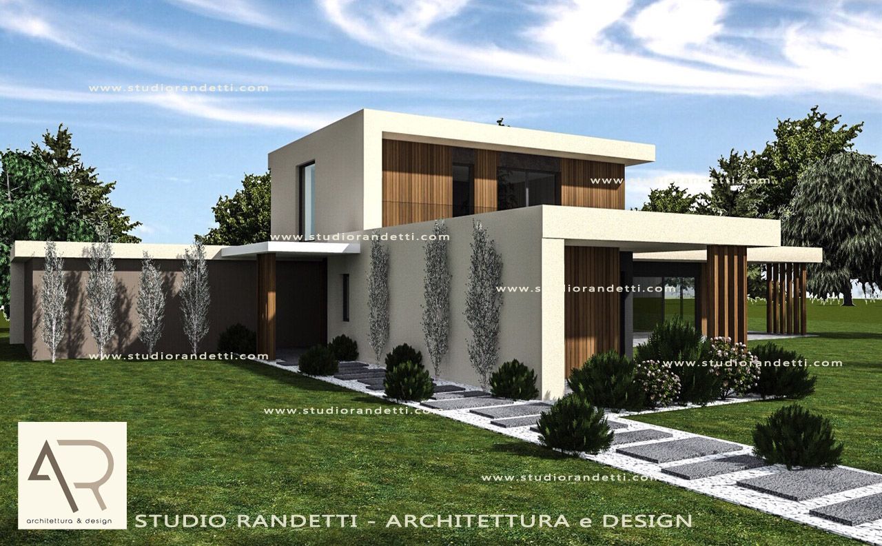 Casa moderna minimalista a due piani con pareti bianche, dettagli in legno e giardino anteriore curato sotto un cielo azzurro.