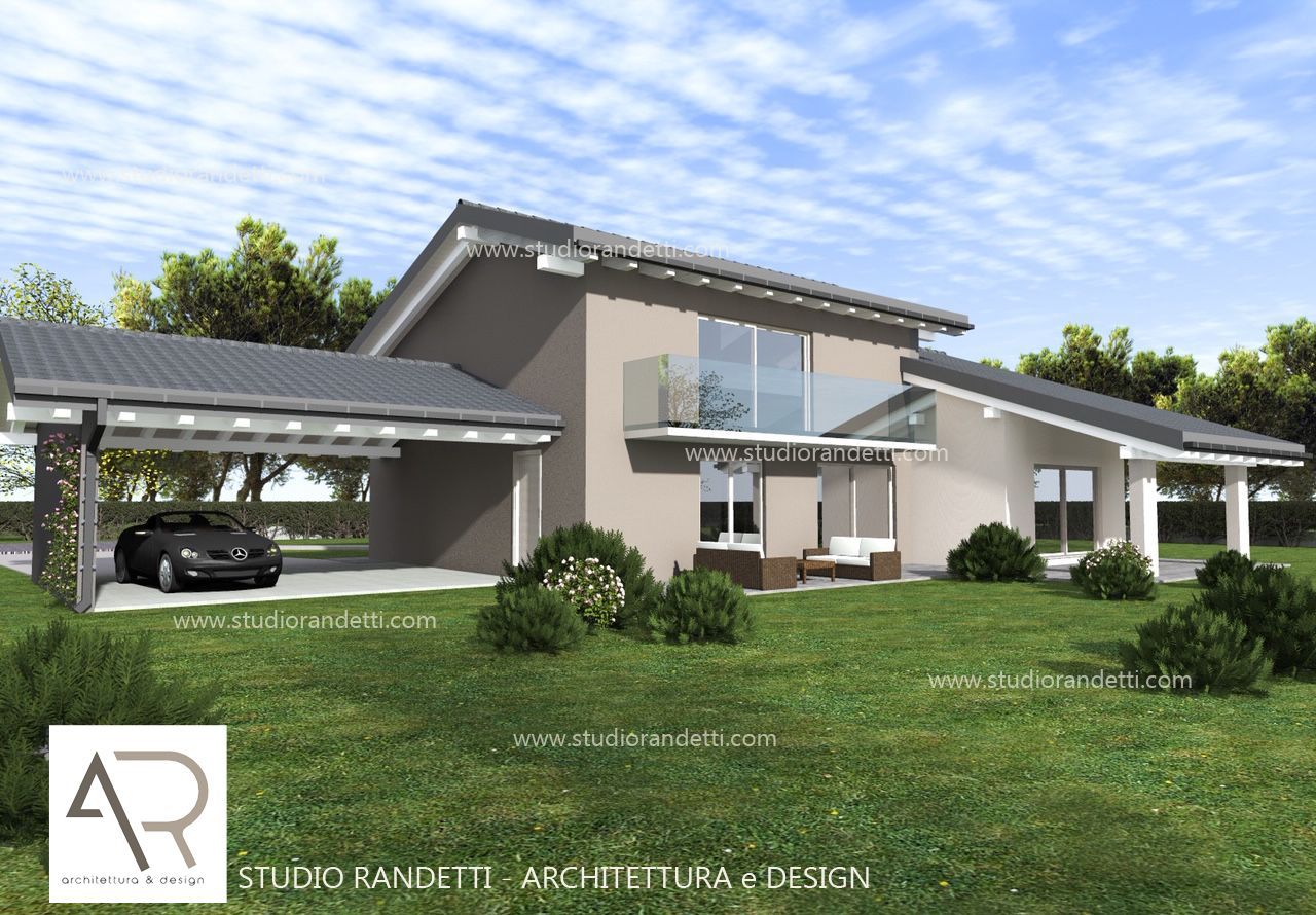Rendering di una moderna casa a due piani con posto auto coperto, balcone e prato verde sotto un cielo nuvoloso.