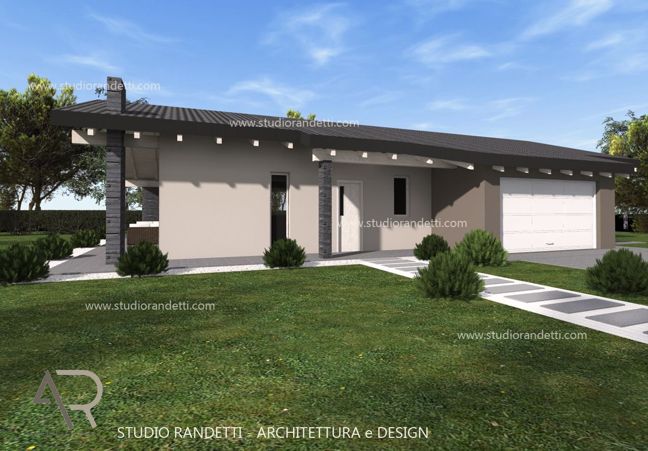 Casa moderna a un solo piano, di colore beige, con tetto scuro, prato antistante, vialetto e arbusti sotto un cielo azzurro.