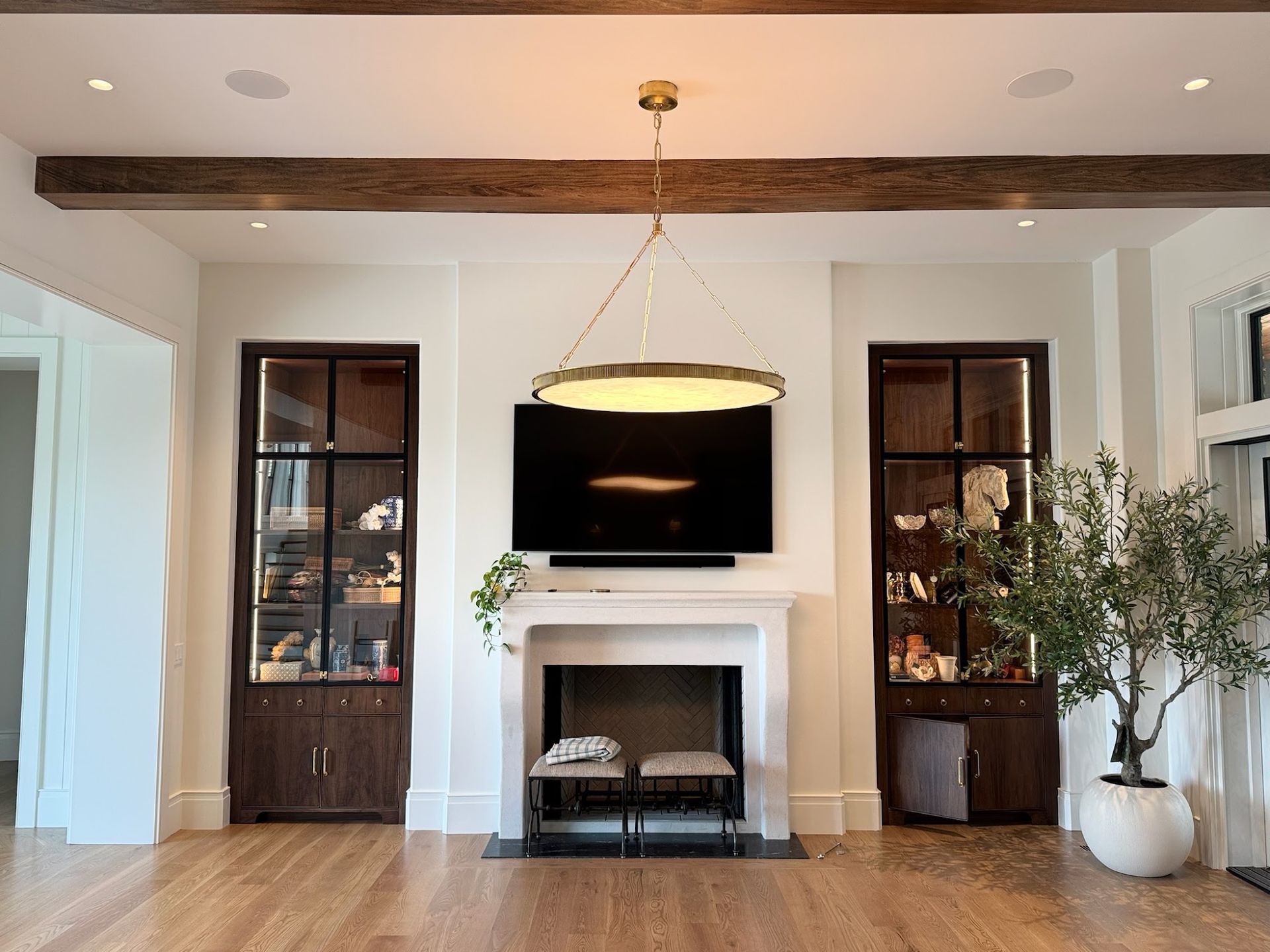 Living room with fireplace, TV, built-in cabinets, light fixture, and potted tree.
