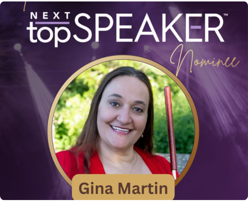 Next Top Speaker Nominee graphic with gina's head shot in the center and name below