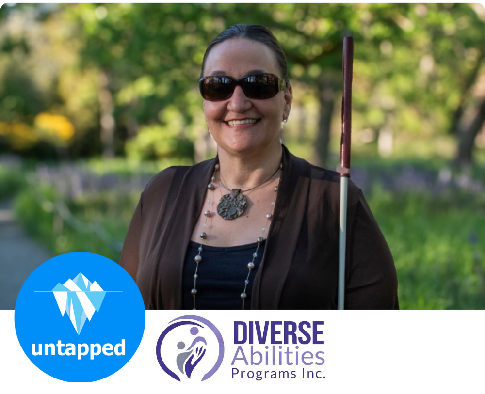 Gina smiling with the untapped and diverse abilities logo below