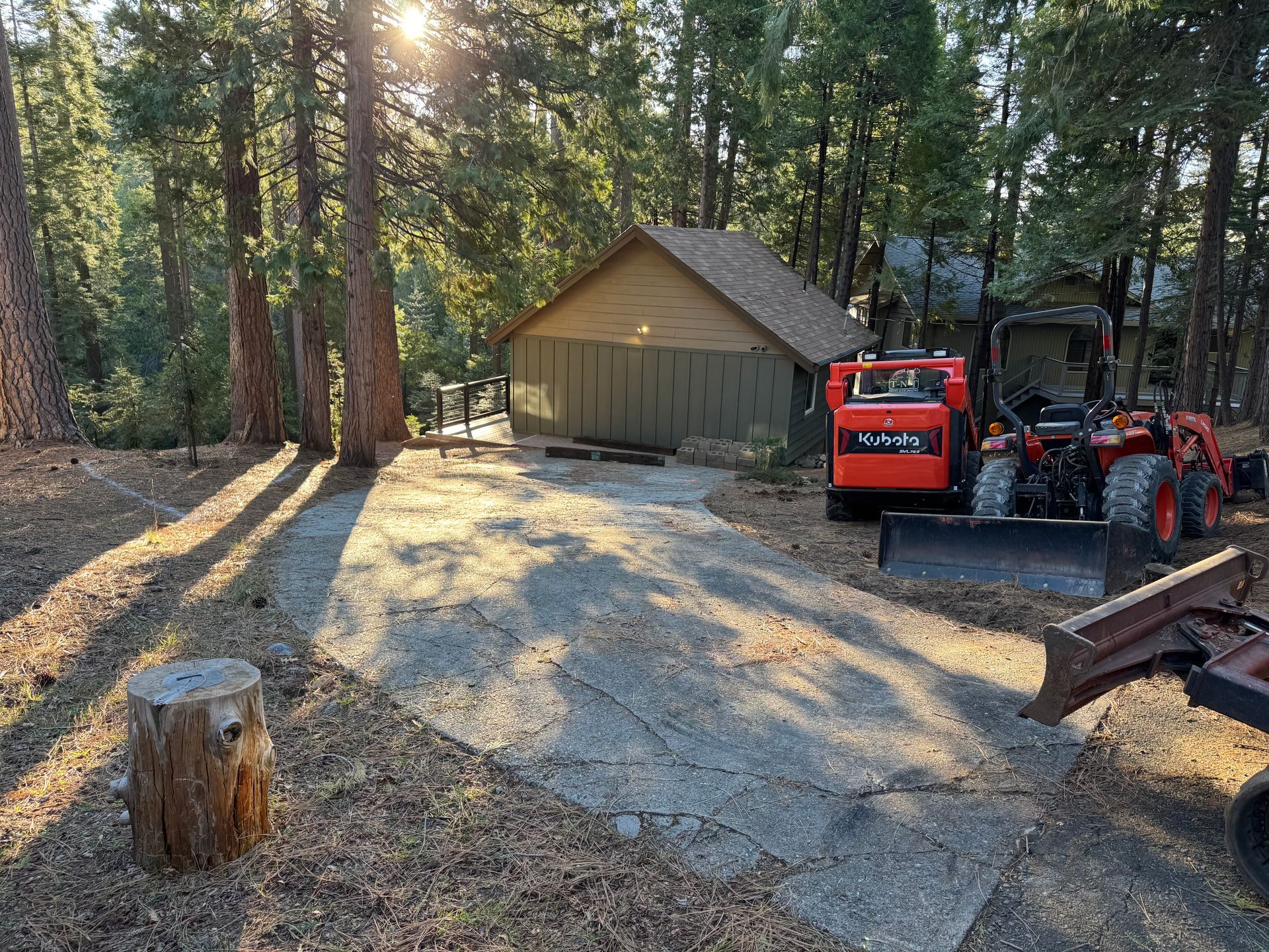 A sunlit gravel driveway leads to a shed in a forest, with a bright orange tractor parked beside it.