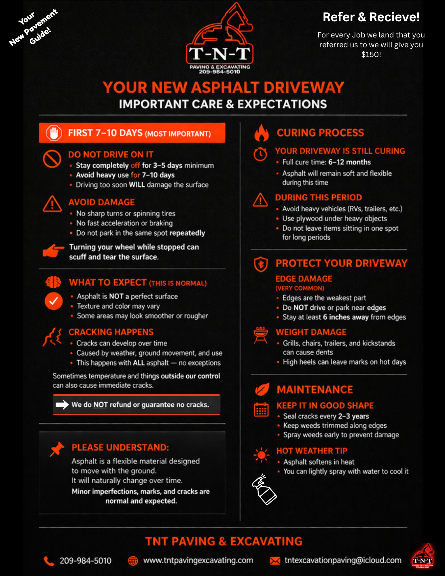 Infographic by TNT Paving detailing care instructions, maintenance, and expectations for a new asphalt driveway.