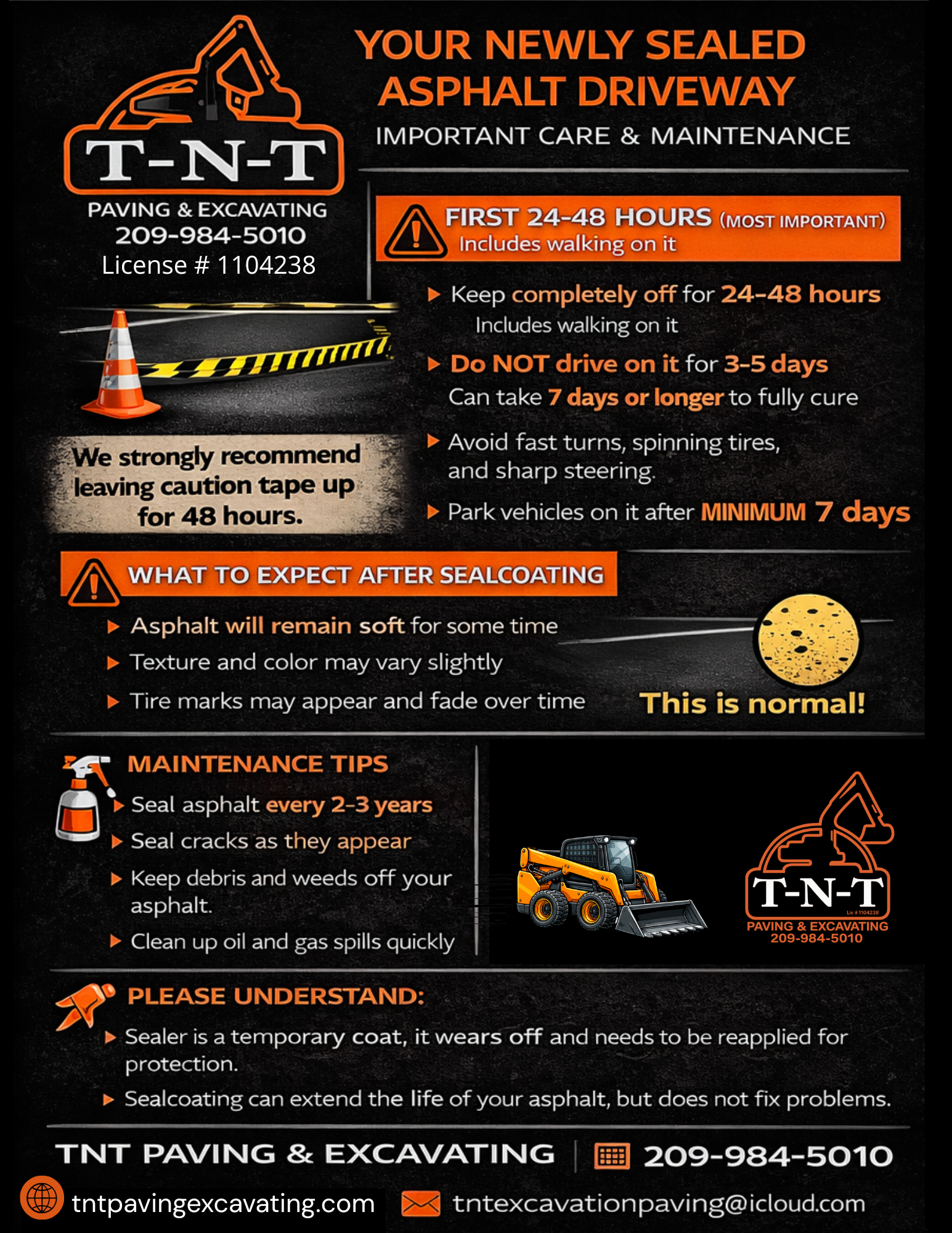 Informational flyer from TNT Paving & Excavating detailing care and maintenance instructions for a newly sealed driveway.