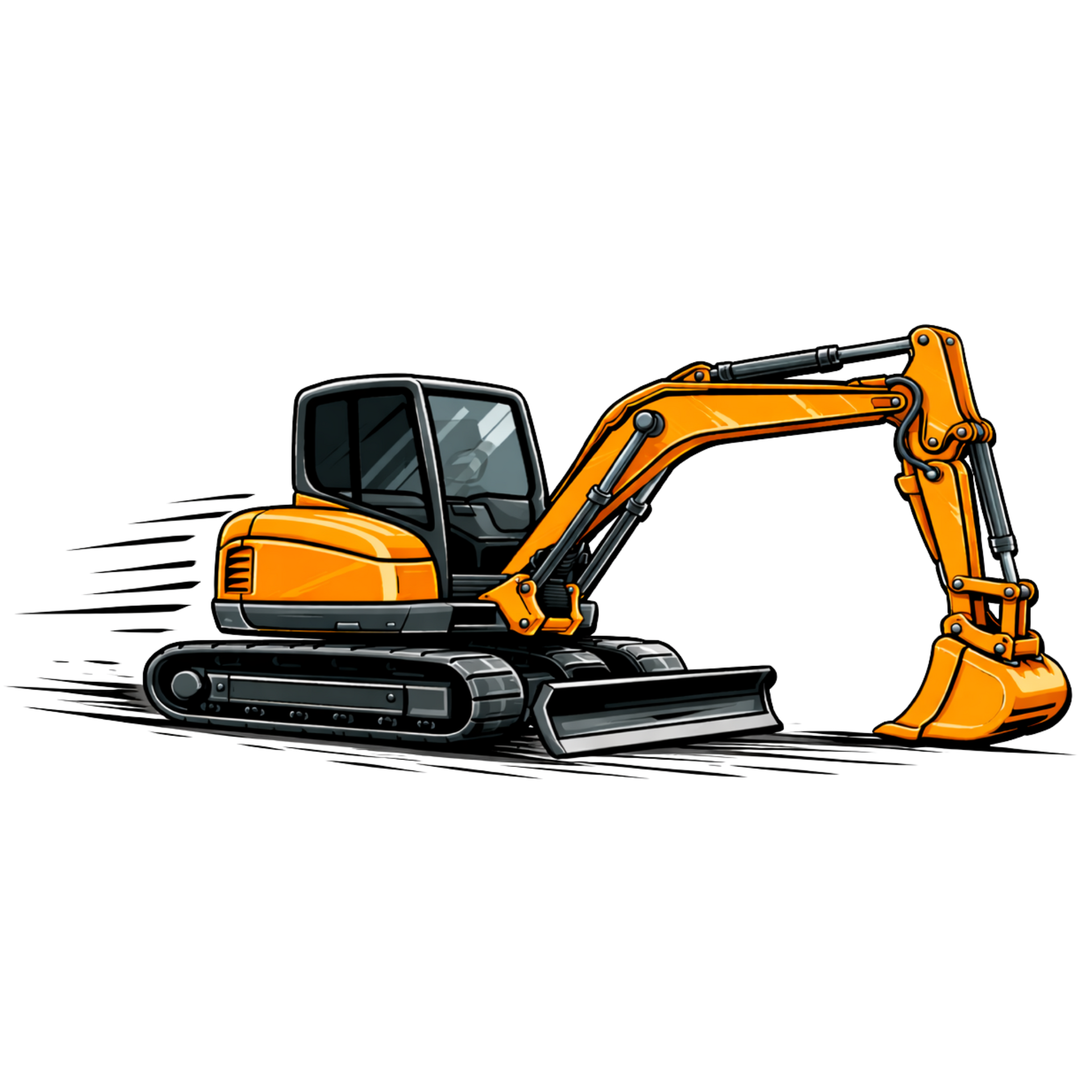 A black and white icon of an excavator on a white background.