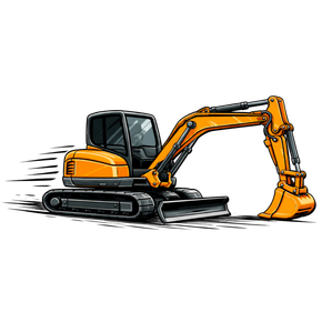 A black and white icon of an excavator on a white background.