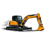 A black and white icon of a bulldozer on a white background.