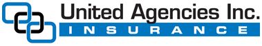 The United Agencies Inc. Insurance logo features three interlocking square outlines in blue and black with blue text.