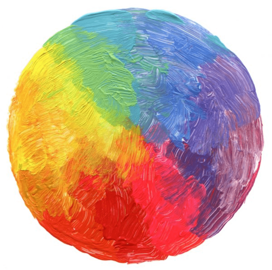 A colorful rainbow sphere painted with visible brushstrokes.