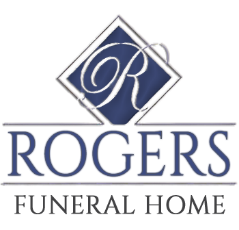 Rogers Funeral Home logo: blue diamond with script