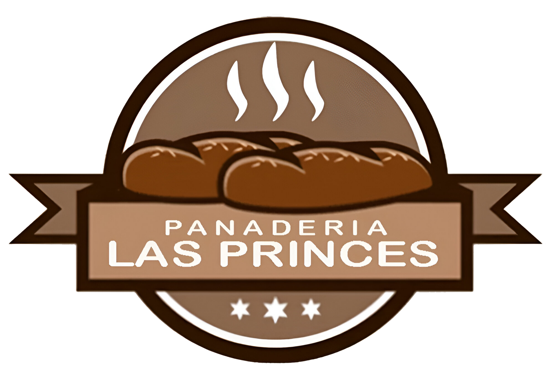 Logotipo de Panadería Las Príncipes. Marrón y beige con pan, vapor y el texto