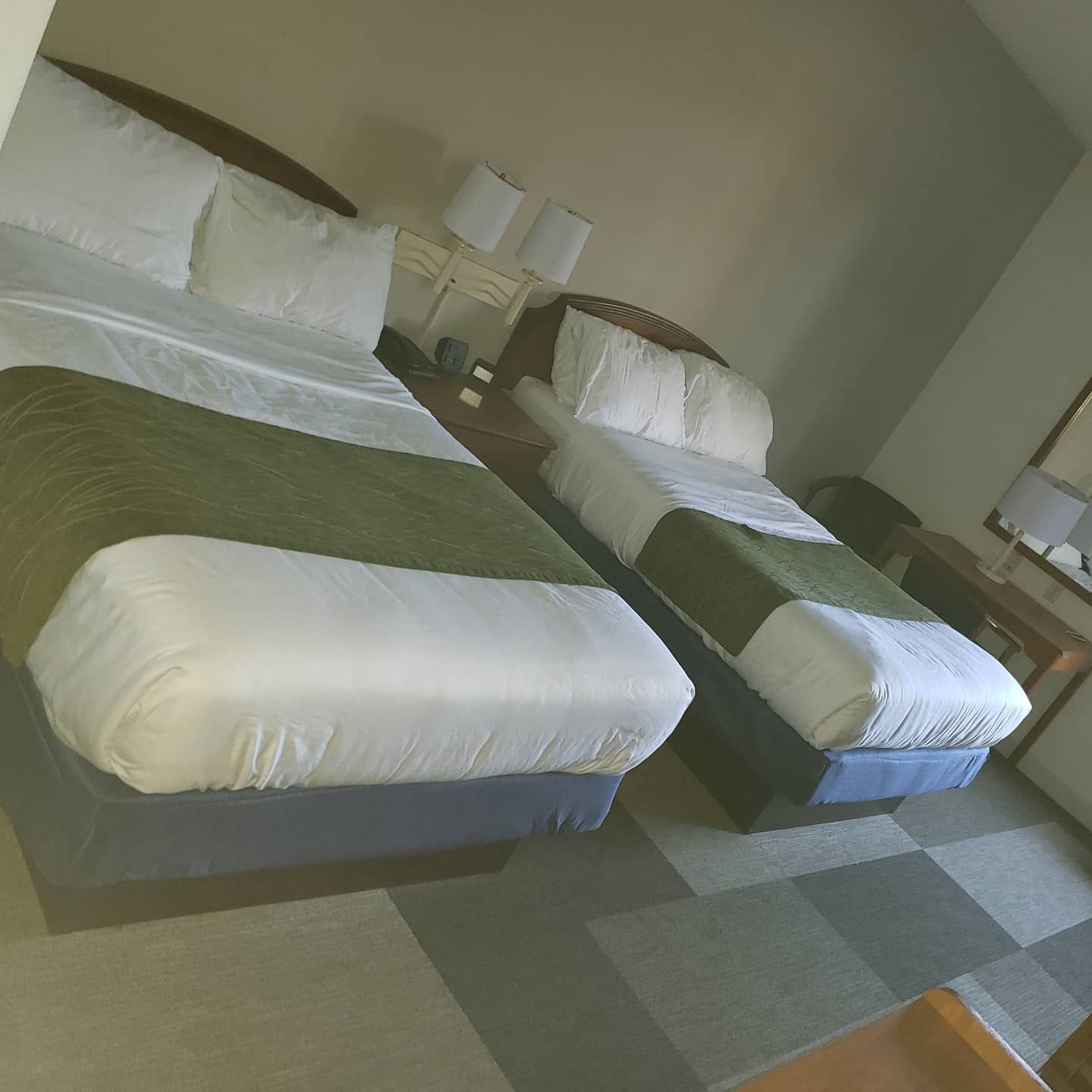 A hotel room with two beds and two lamps