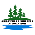 Green pine trees and blue water; Arrowhead Builders Association logo.