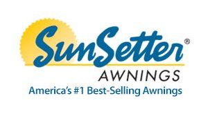 SunSetter awnings logo with a blue script, a yellow sunburst, and text