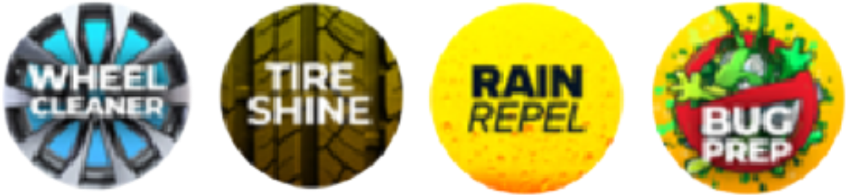 Four circular icons representing car wash services: Wheel Cleaner, Tire Shine, Rain Repel, and Bug Prep.