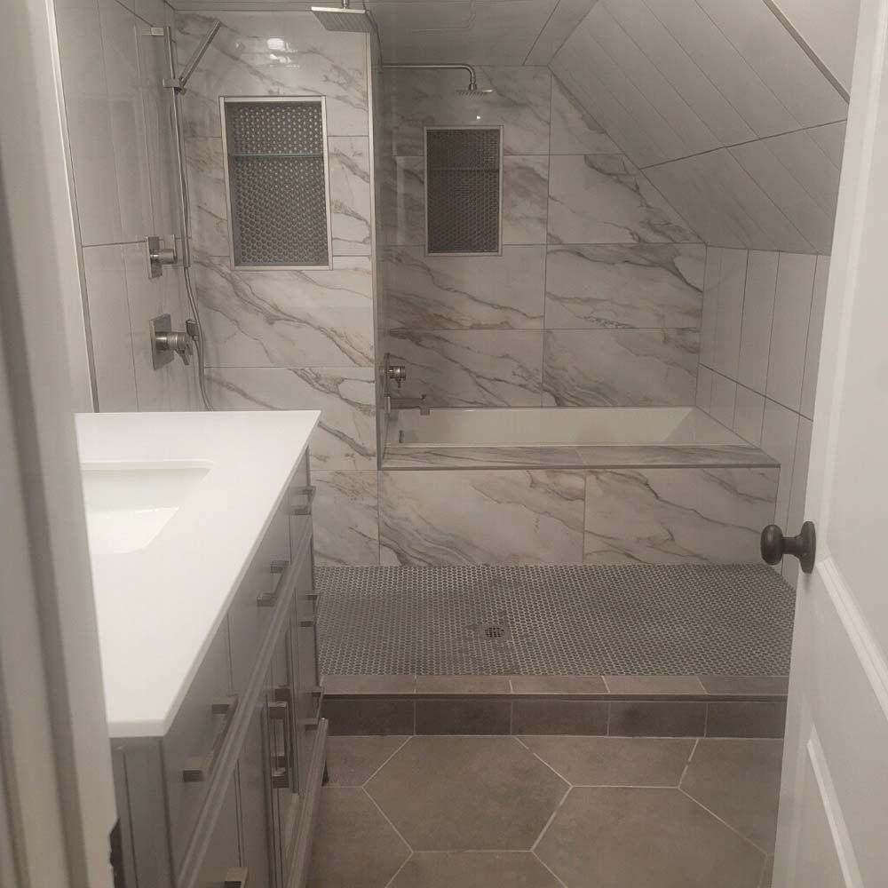 Heated Floors, Tub To Shower Conversions, Grout Free, Whole Wall Marble Shower Surrounds, Build A Bath & Kitchen