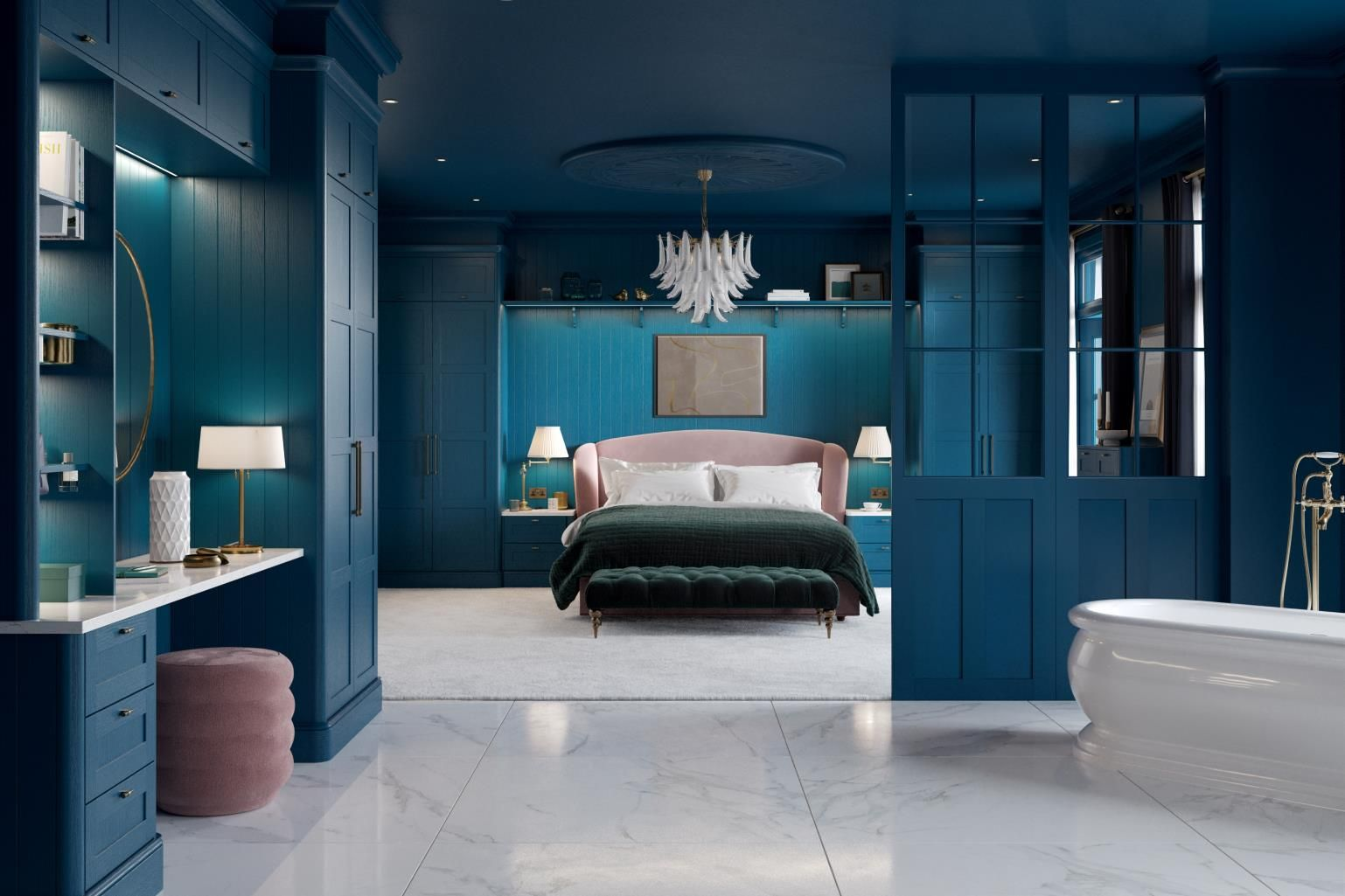 Sliding Fretwork Doors Aldana Bedroom. Fitted wardrobe and dressing area in navy blue.