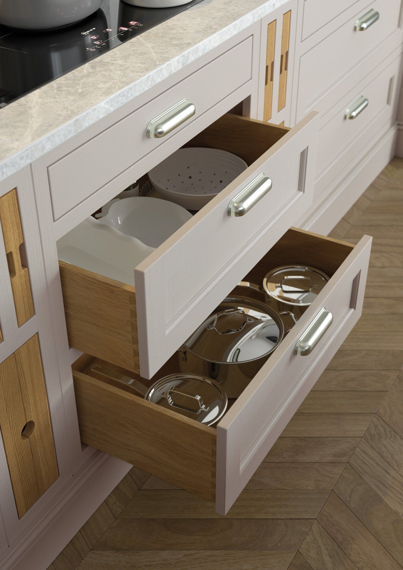 Classic shaker-style fitted kitchen with Belgravia drawers and brushed chrome handles by QM Furniture