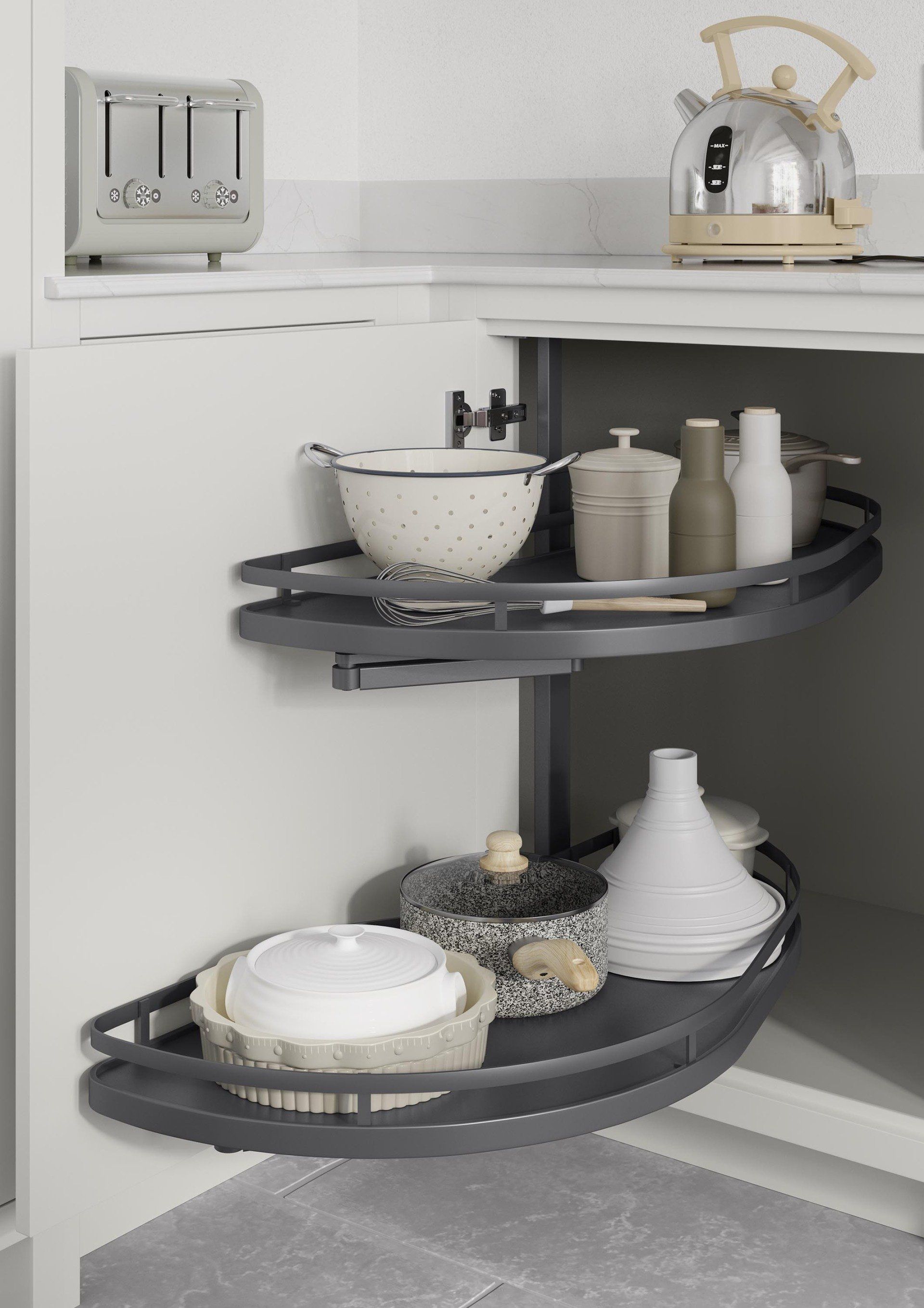 Light grey fitted utility room with quartz worktop and integrated storage by QM Furniture