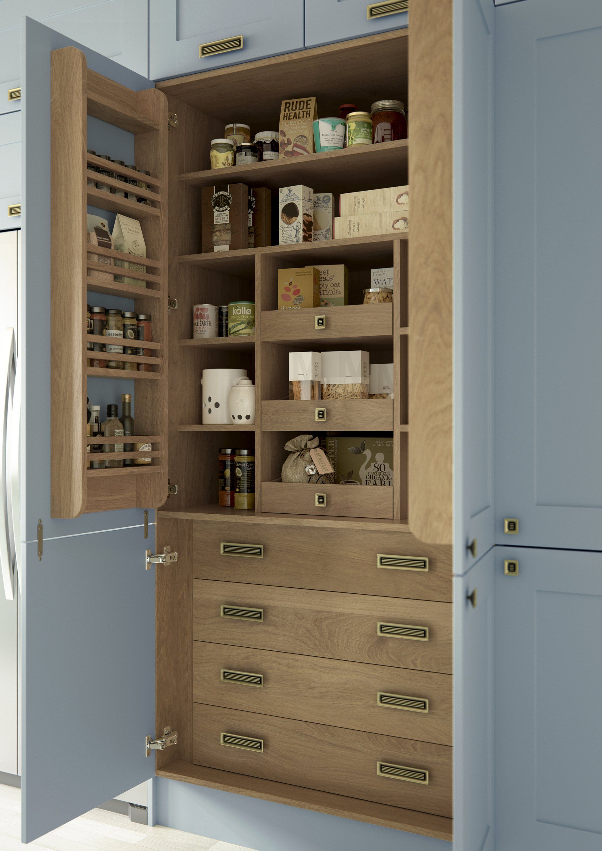 Bespoke fitted kitchen larder unit in oak and painted finish by QM Furniture