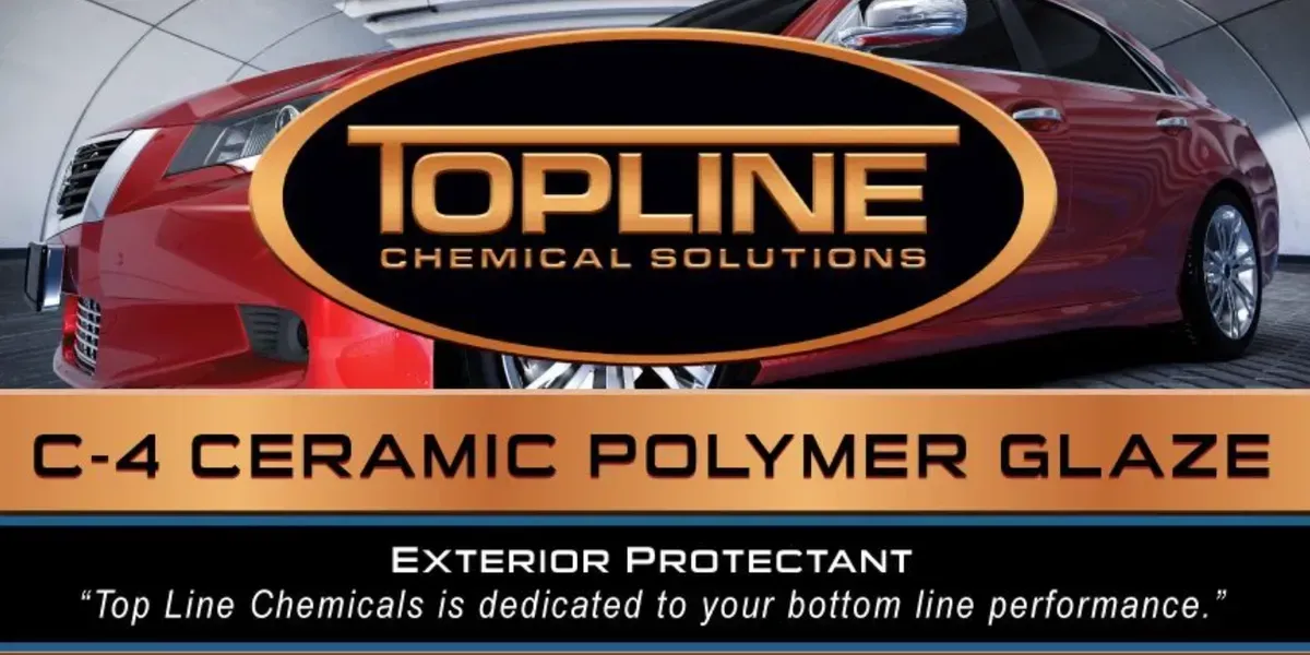 A red car behind a Topline Chemical Solutions logo advertising C-4 Ceramic Polymer Glaze exterior protectant.