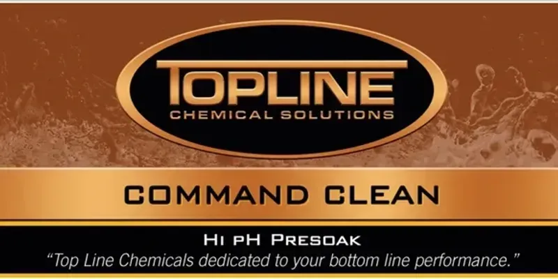 A product label for Topline Chemical Solutions’ Command Clean Hi PH Presoak, featuring a brown and gold design.