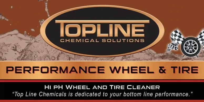 Label for Topline Chemical Solutions Performance Wheel & Tire cleaner on a brown background with a checkered flag icon.