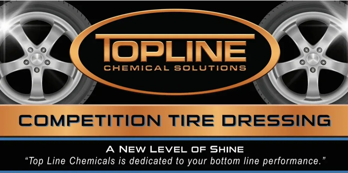 Topline Chemical Solutions logo featuring two tire rims and the words Competition Tire Dressing in copper on black.