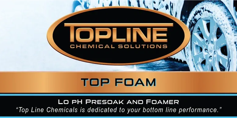 Topline Chemical Solutions logo with a car wheel covered in foam, reading 