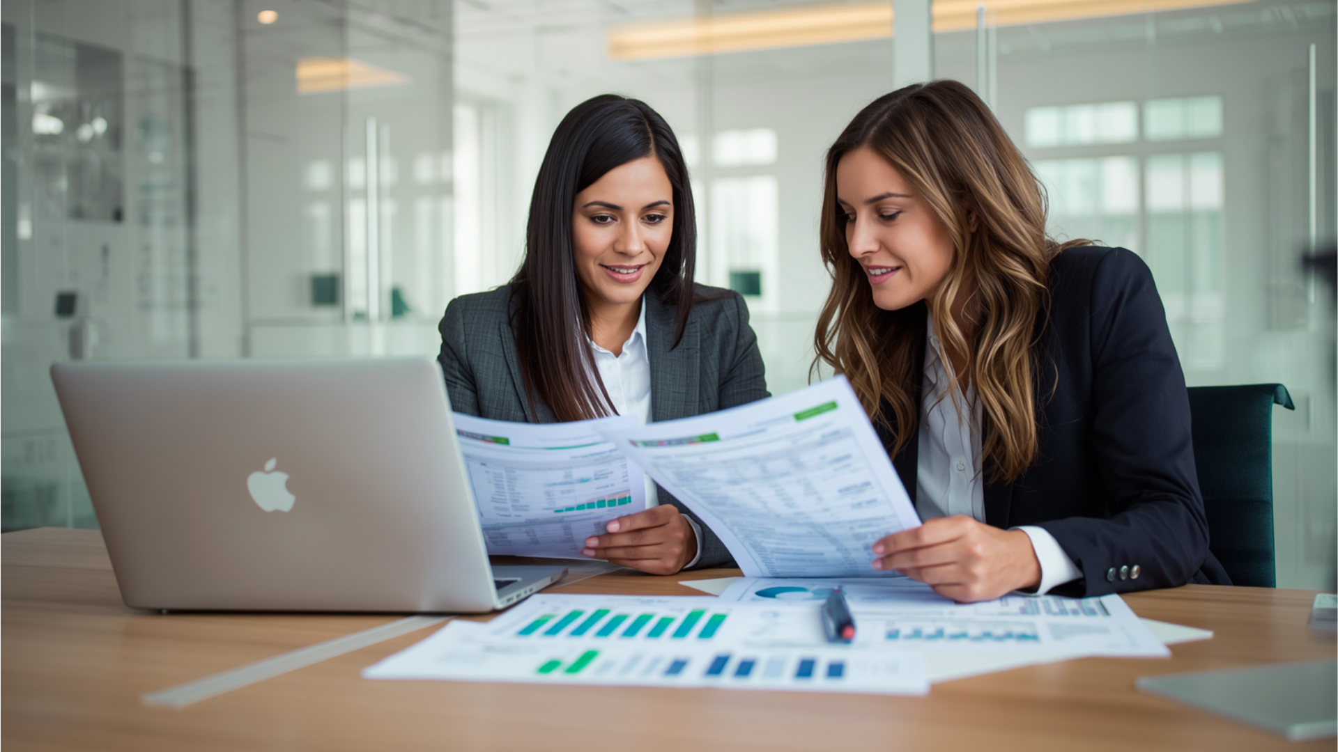 Two coworkers review printed charts at a conference table beside a silver laptop in a glass-walled office