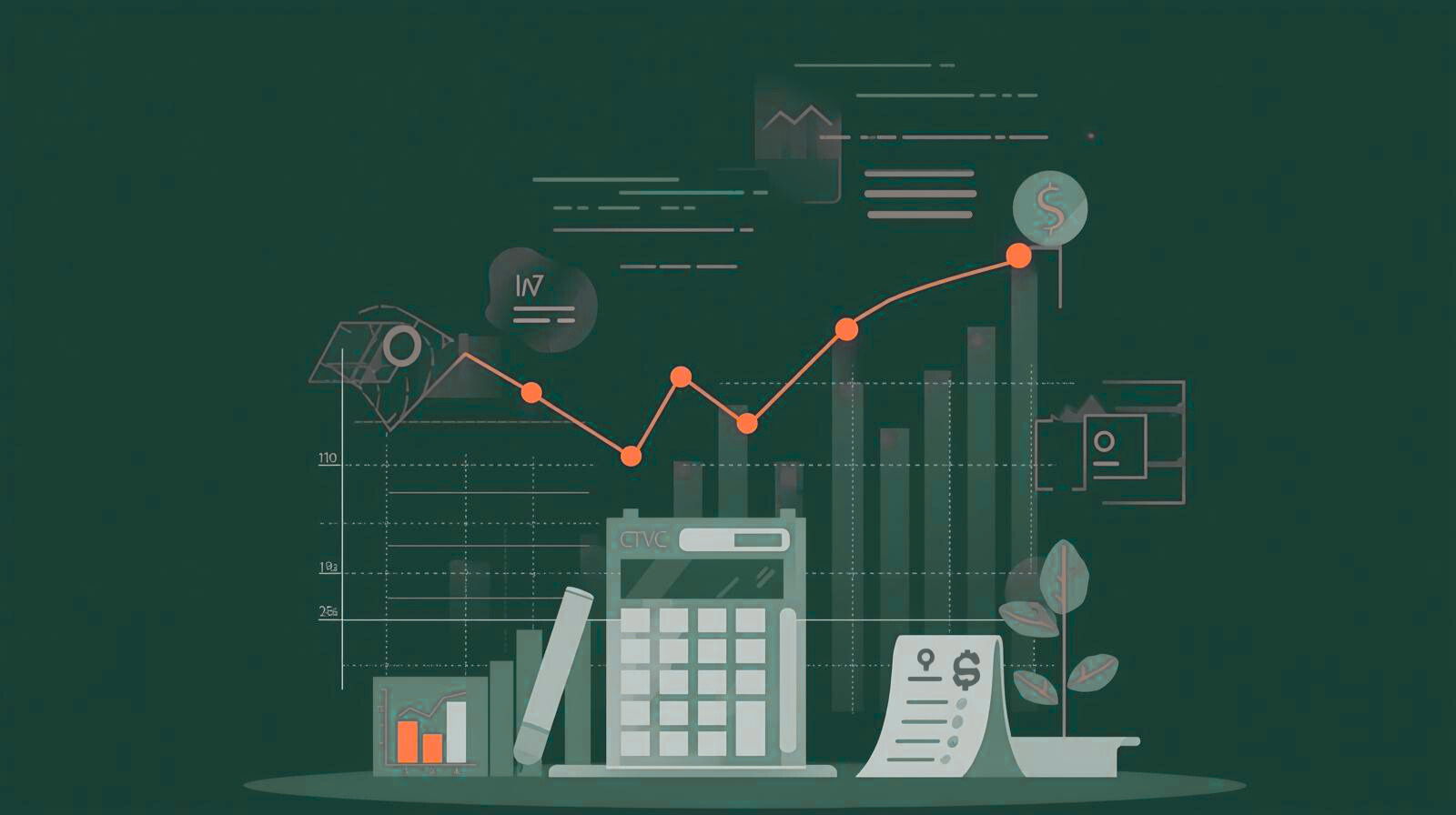 Calculator, graphs, and financial documents with an upward trending line, on a green background.