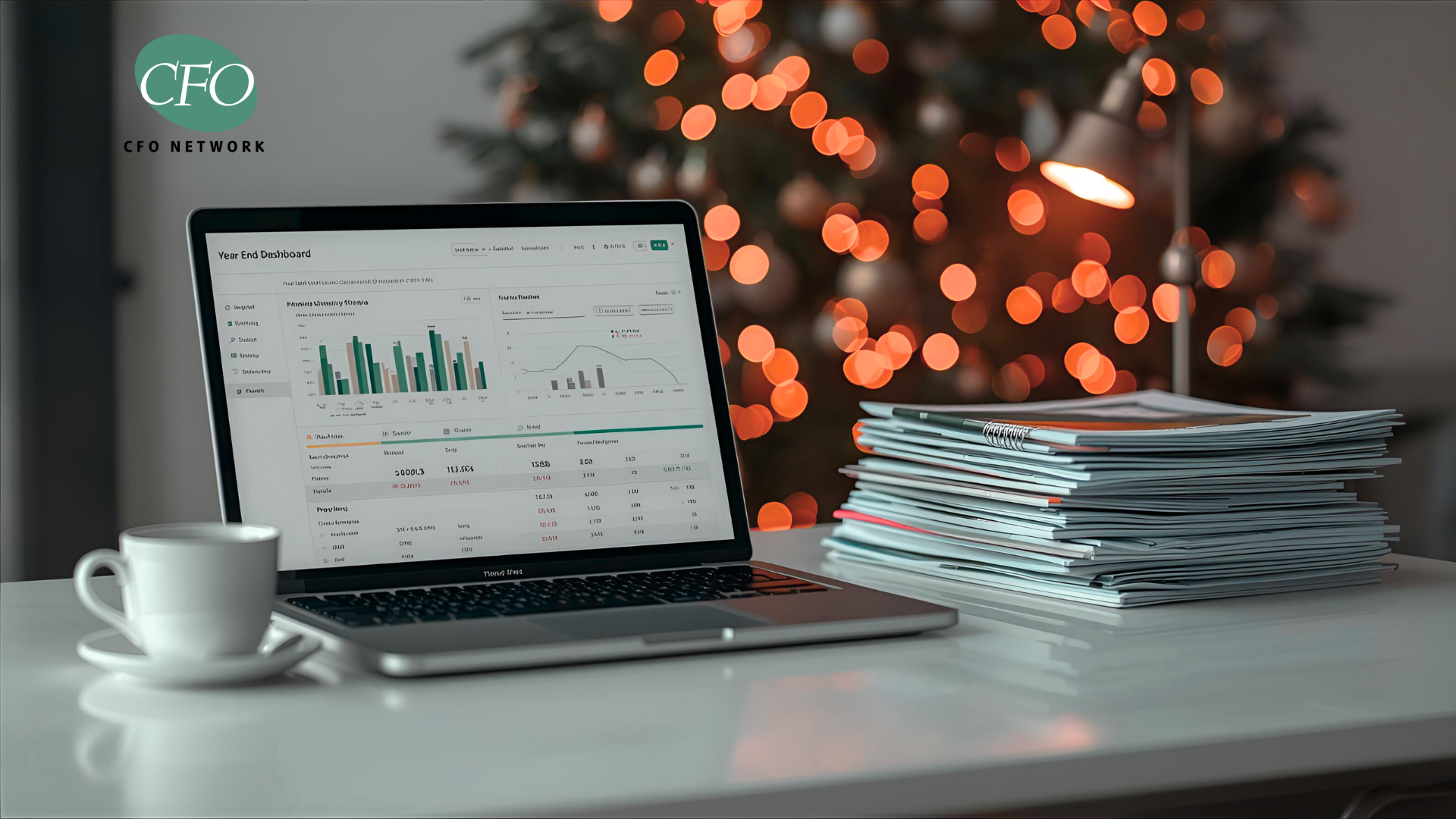 Laptop displaying financial charts, coffee cup, and stack of magazines on a desk with Christmas tree lights in the background.