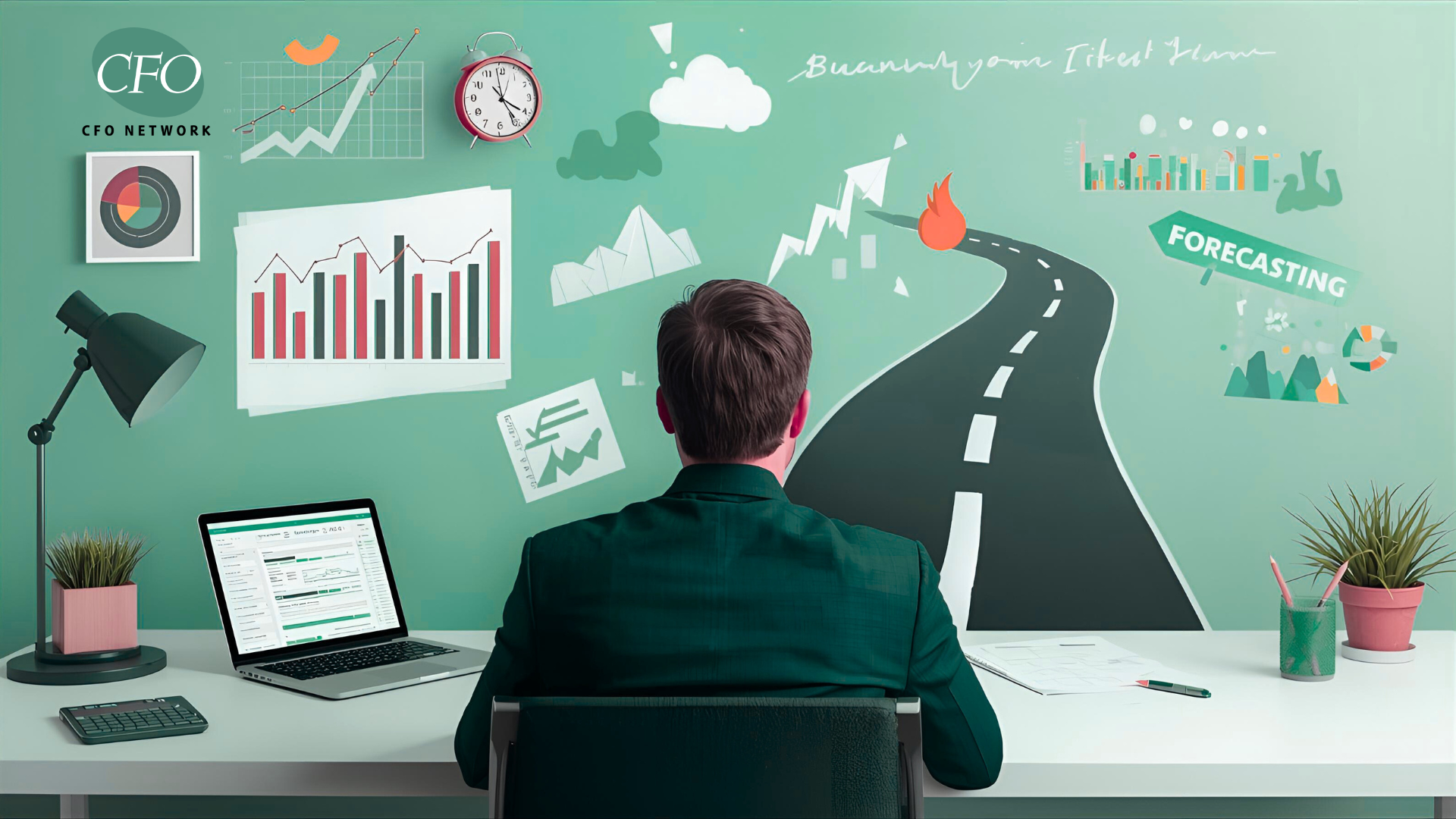 Man at desk with laptop, looking at roadmap and charts on green wall.