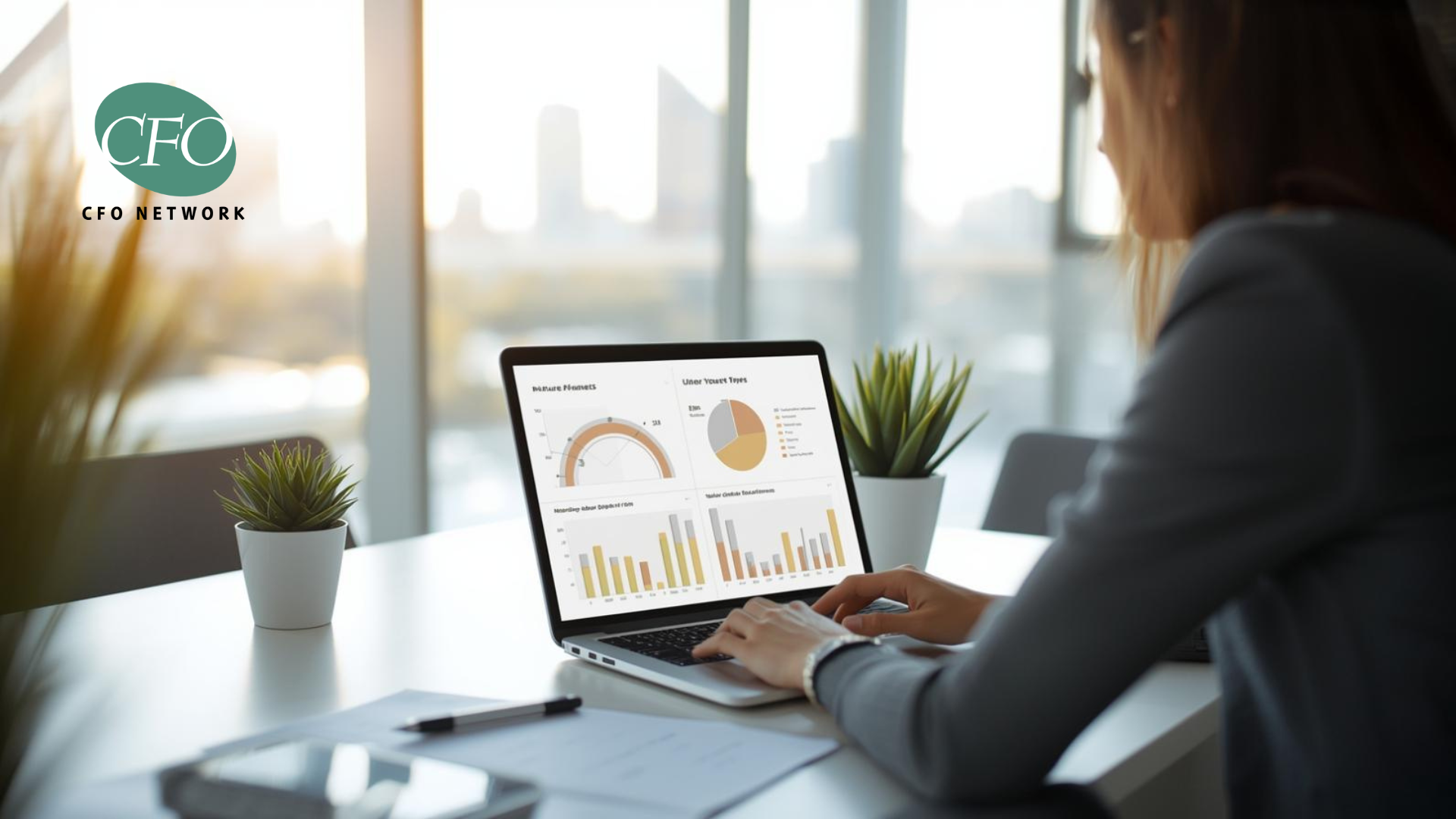 Woman working on a laptop with charts in an office, CFO Network logo in the corner.