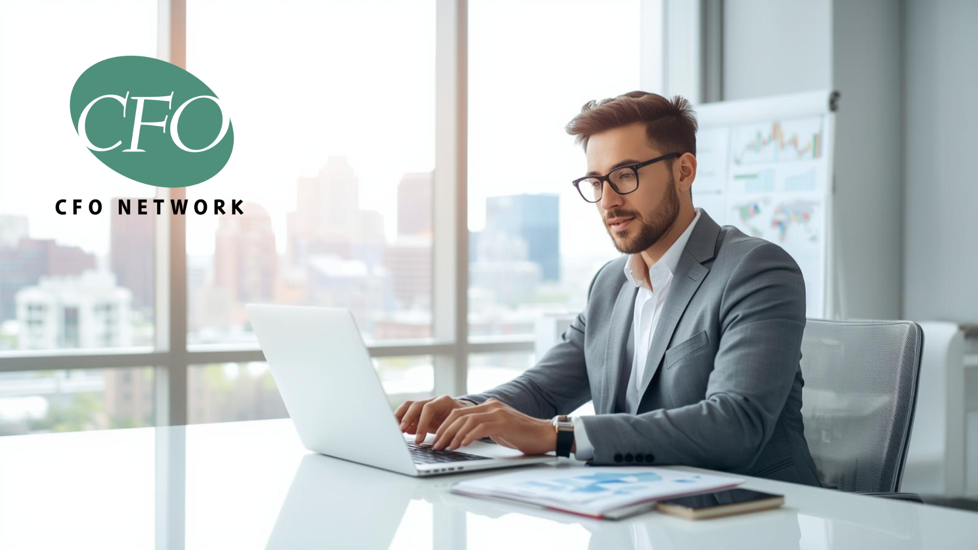 Man in suit using a laptop at a desk with CFO Network logo, bright office setting.
