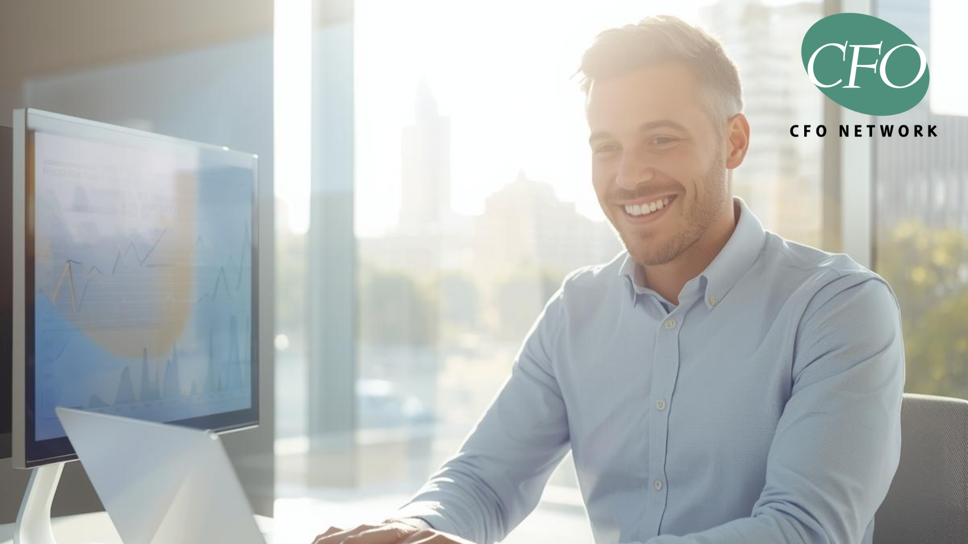 Smiling person in a blue shirt at a laptop with a computer screen and the CFO Network logo in the corner.