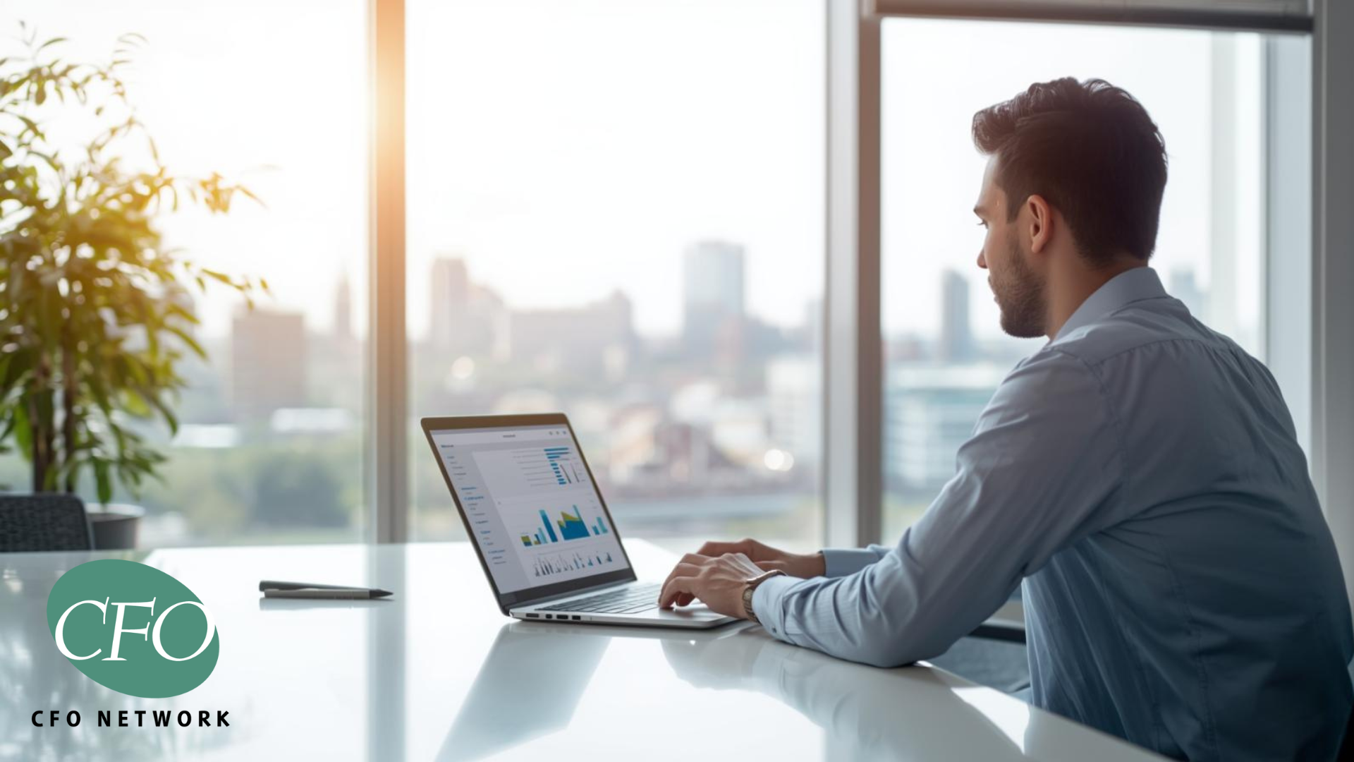 Man working on a laptop at a desk with a city view. CFO logo in the corner.
