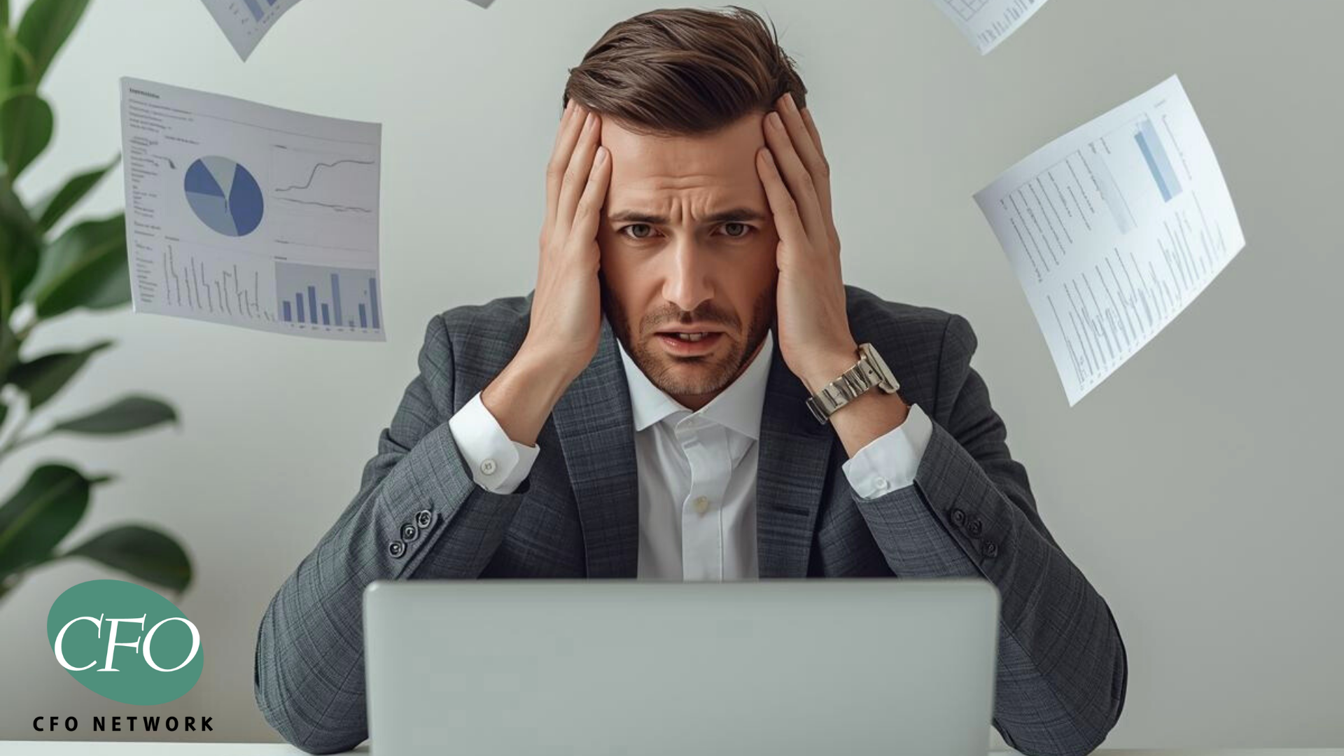 Man in suit stressed, hands on head, laptop, papers flying in air.