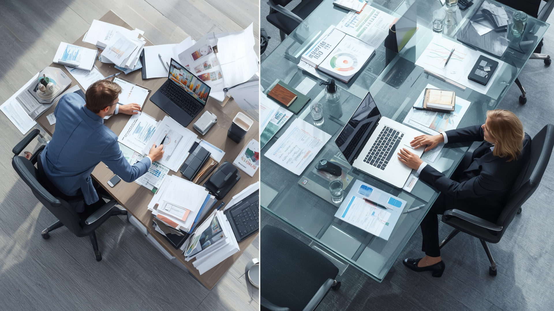 Two overhead views of a person working at a cluttered glass office desk with laptop and papers