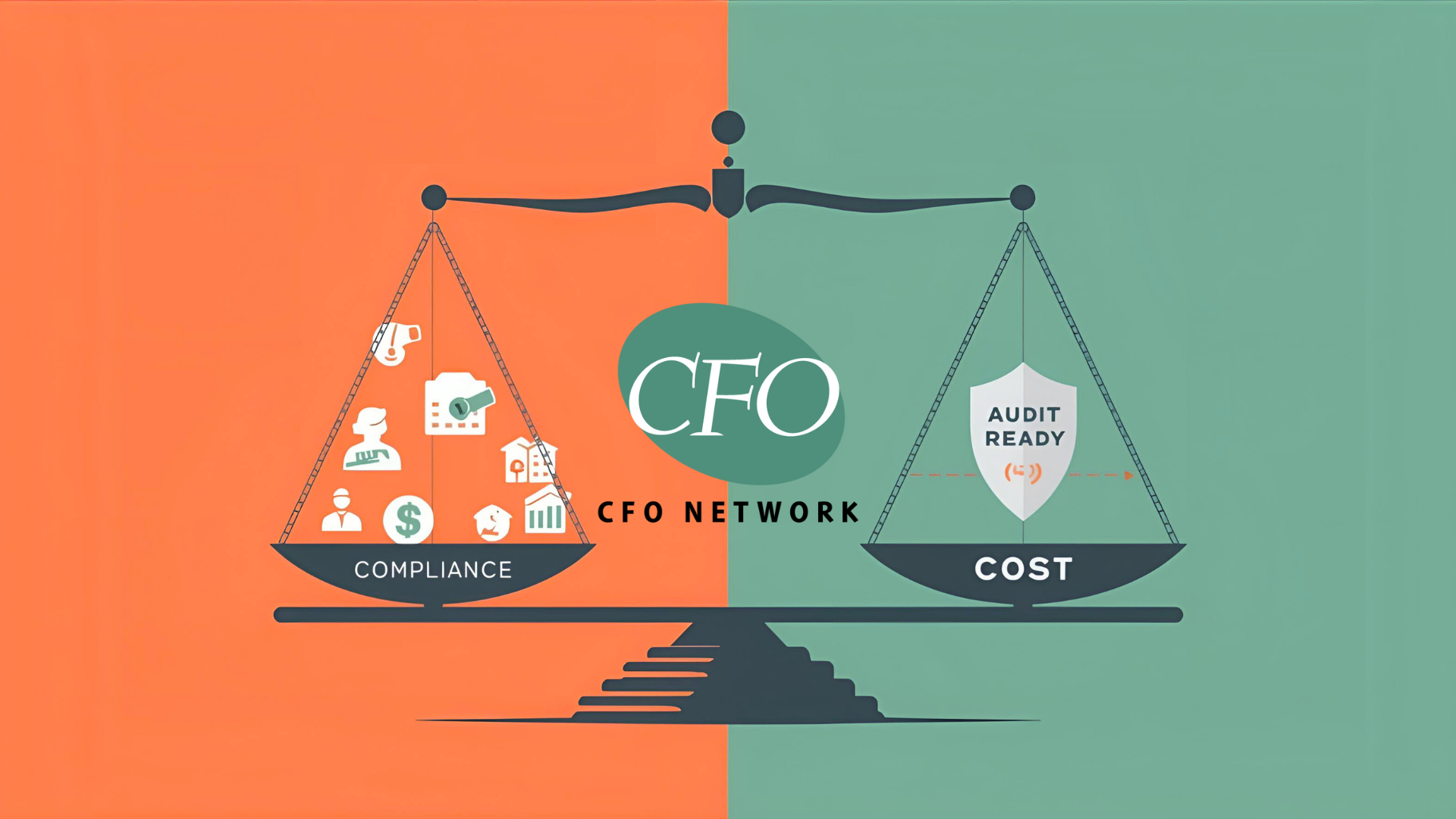 Balance scale illustration: Compliance (left) vs. Cost (right); CFO in the center, with orange and green backgrounds.