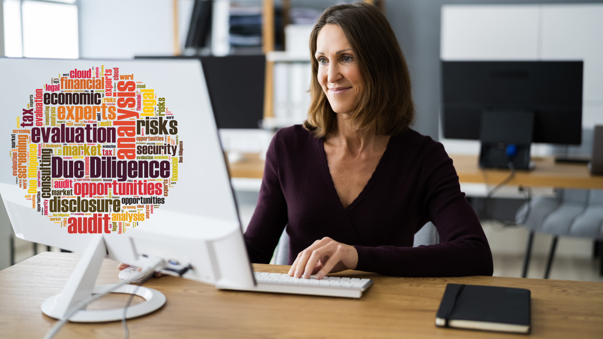 A woman is sitting at a desk in front of a computer.