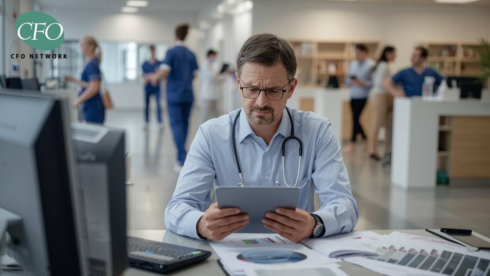 A professional with a stethoscope using a tablet at a desk in a bustling medical office.