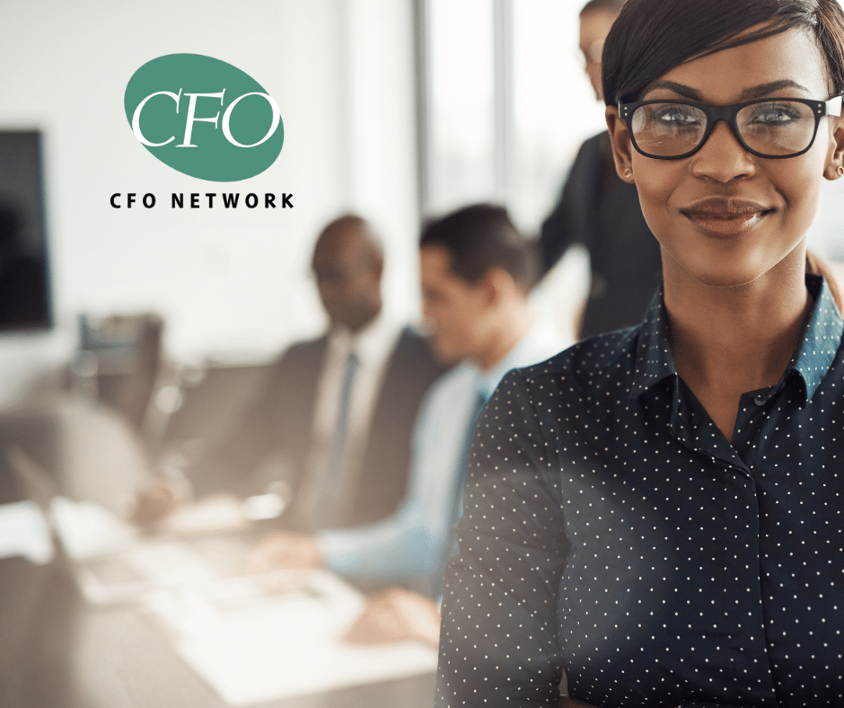 A woman wearing glasses is smiling in front of a cfo network logo.