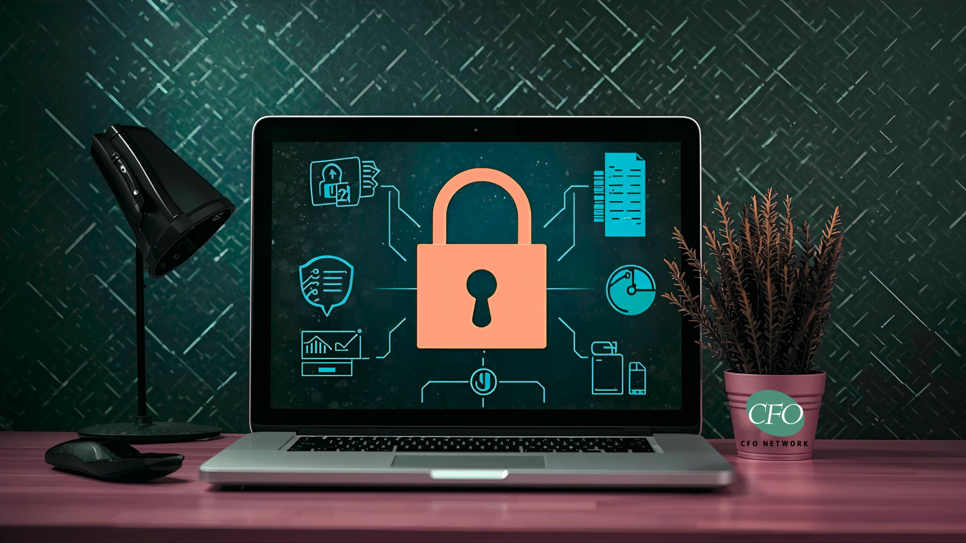 Laptop with security lock graphic on screen, surrounded by icons.