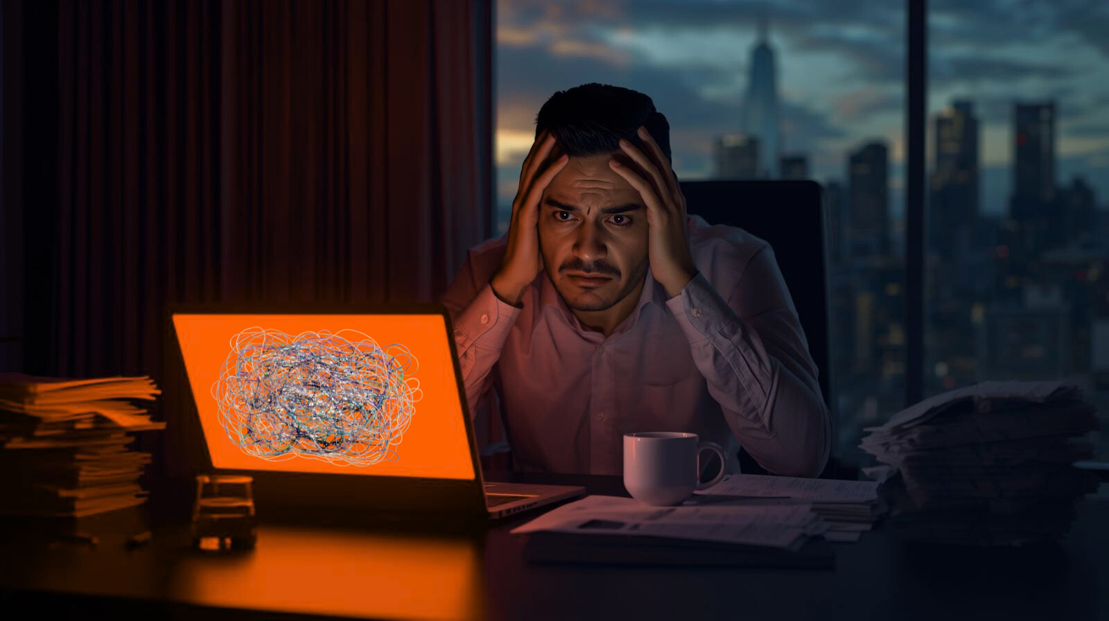 Man stressed at desk late at night, hands on head, laptop shows CFO C10 Network logo. City skyline in the background.