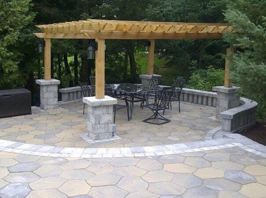 A patio with a table and chairs under a pergola