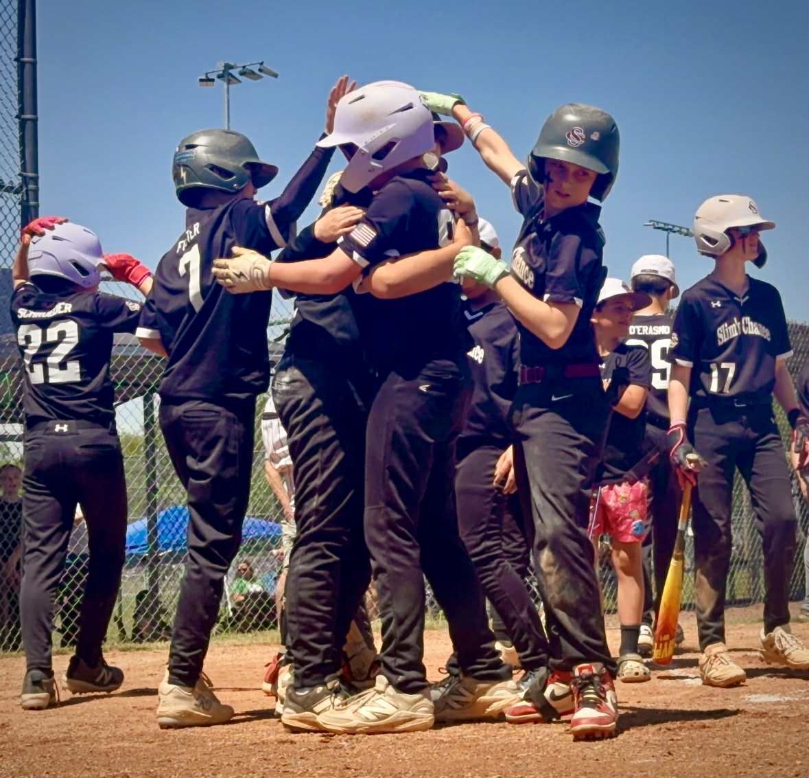 Youth boys' baseball team huddling
